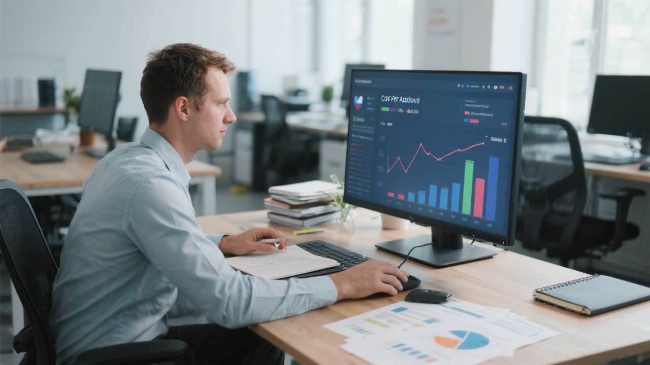Marketing analyst reviewing cost per acquisition charts on a large monitor in a Czech office, with notebooks and printed reports on the desk.