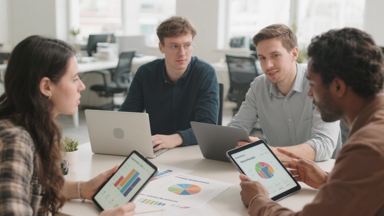 Creative team discussing social ads performance on tablets and laptops, showing audience segmentation charts and campaign objectives in a neutral office environment.