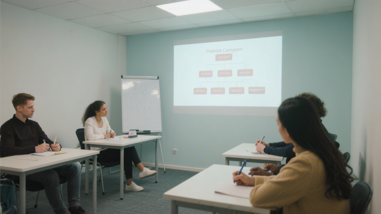 Small training room with marketing participants taking notes, projector showing PPC campaign structure, calm neutral colors and a focused learning atmosphere.