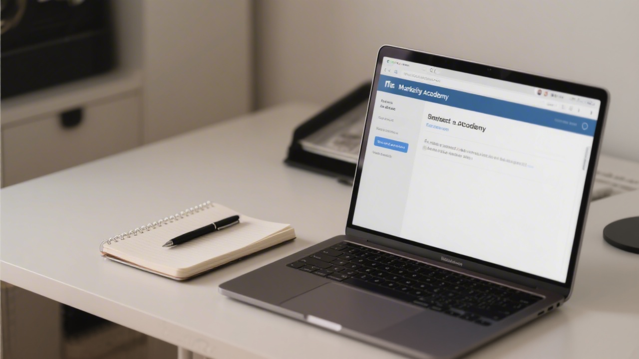 Close up of a professional desk with a notebook, pen, and laptop showing an email draft to a marketing academy, calm workspace in neutral light.