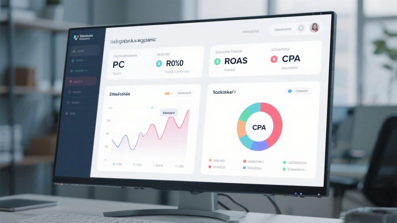 Clean analytics dashboard on a monitor showing social media metrics, growth curves and audience insights in a modern office, representing data-driven MVP optimization