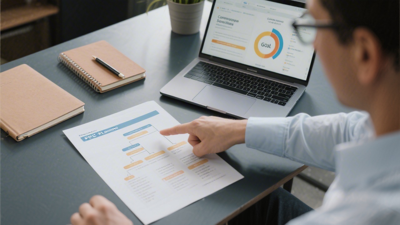 Business strategist pointing at a printed PPC planning sheet on a desk, with notebooks and a laptop displaying campaign segmentation and goal hierarchy.