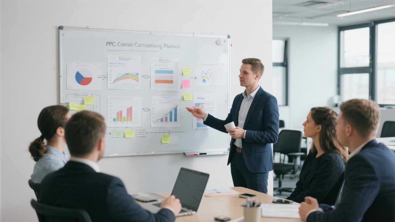 Consultant explaining PPC campaign planning on a whiteboard to a small group, showing charts, notes, and a structured learning process in a Czech office.